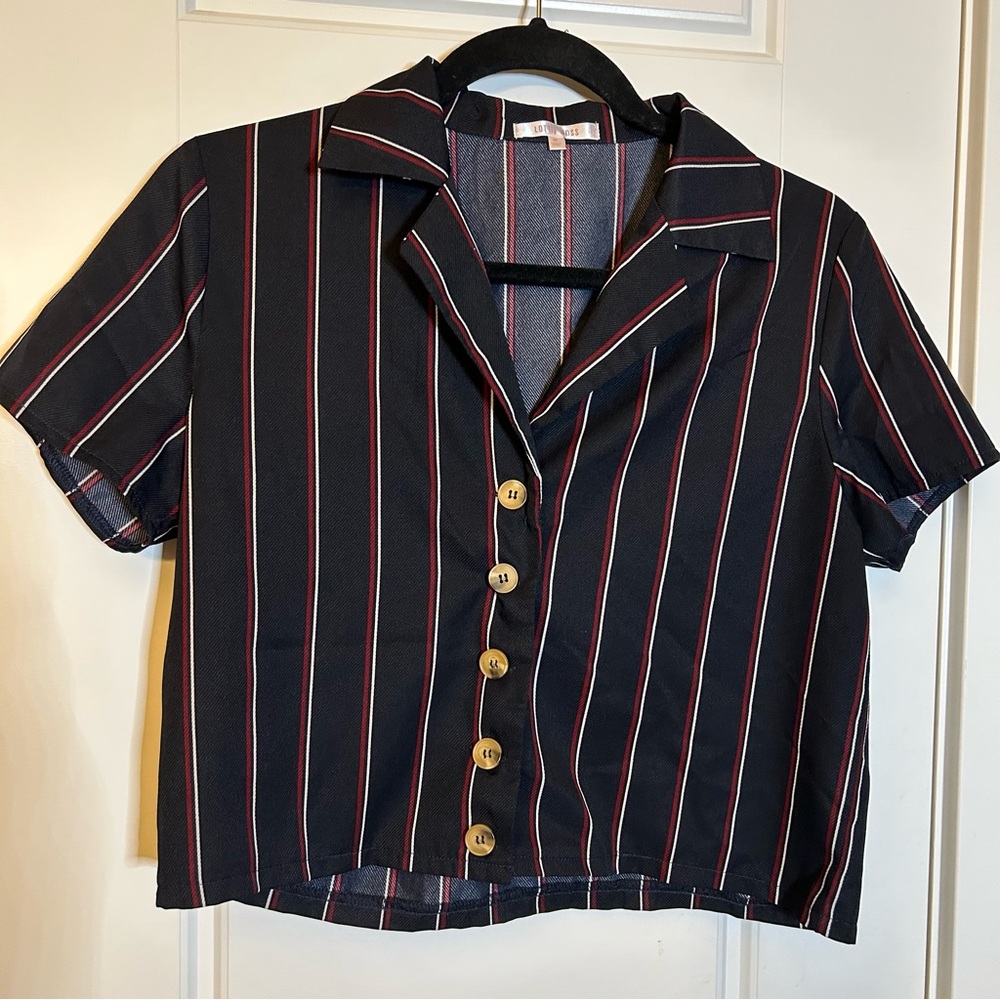 LOTTIE MOSS NAVY COLLARED BUTTON UP WITH RED AND WHITE STRIPES SIZE MEDIUM